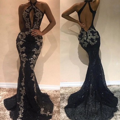 Gorgeous Halter Black Evening Dress UK | Mermaid Sequins Prom Dress UK With Appliques