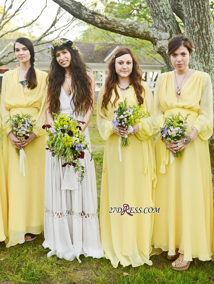 Chiffon Chic Long-Sleeve V-Neck Yellow Bridesmaid Dress UK