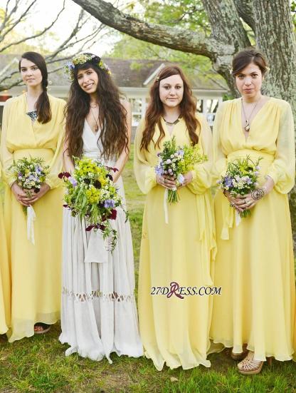 Chiffon Chic Long-Sleeve V-Neck Yellow Bridesmaid Dress UK