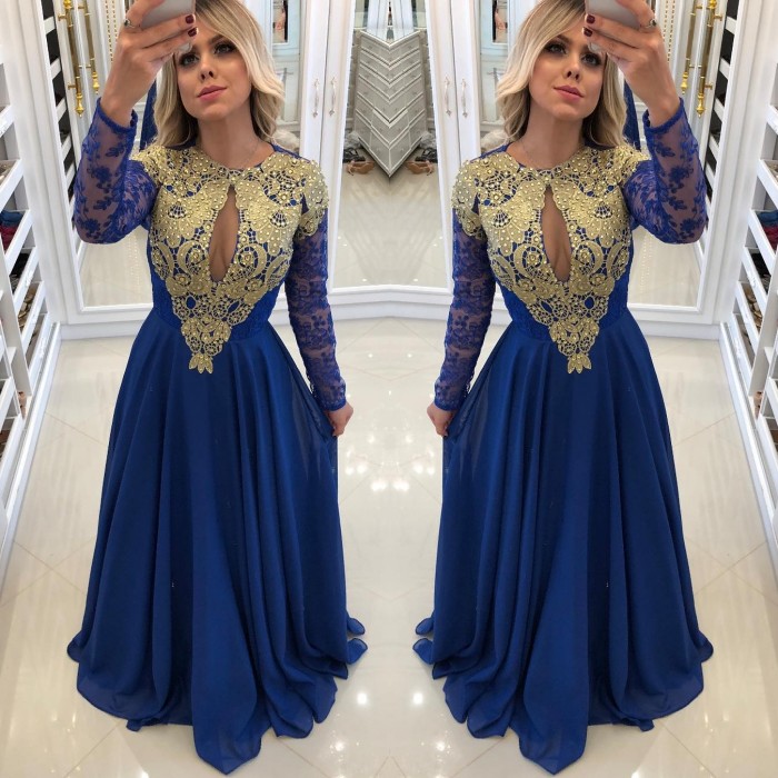 Sexy Royal Blue Evening Dress UK | Long Sleeve Lace Chiffon Prom Dress UK