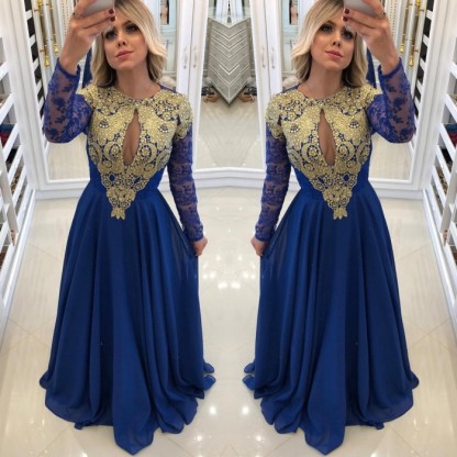 Sexy Royal Blue Evening Dress UK | Long Sleeve Lace Chiffon Prom Dress UK