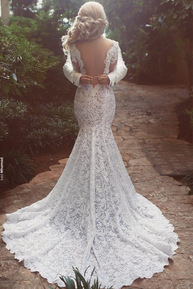 Long Sleeve Sexy Mermaid Lace Wedding Dress Open Back V-neck Classic Bridal Gown