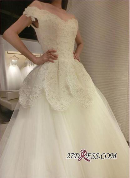 Tulle Beads Newest Lace-Appliques Off-the-shoulder Long-Train Wedding Dress