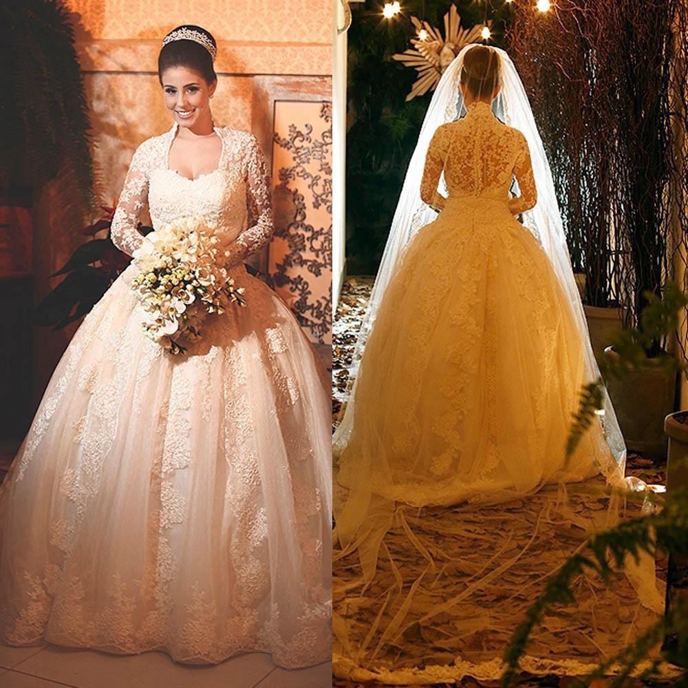 Modern Lace Long Sleeve Wedding Dress Ball Gown Button Zipper Back