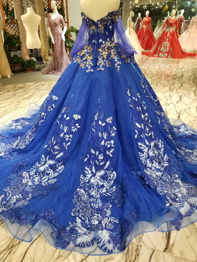 Off-the-Shoulder Long Sleeves Ball Gown Tulle Applique Court Train Prom Dress UK UK