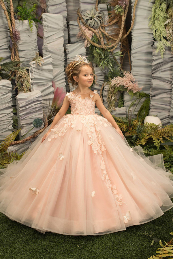 Elegant Floral Princess Flower Girl Dress Crew Neck Pageant Dress