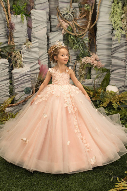 Elegant Floral Princess Flower Girl Dress Crew Neck Pageant Dress