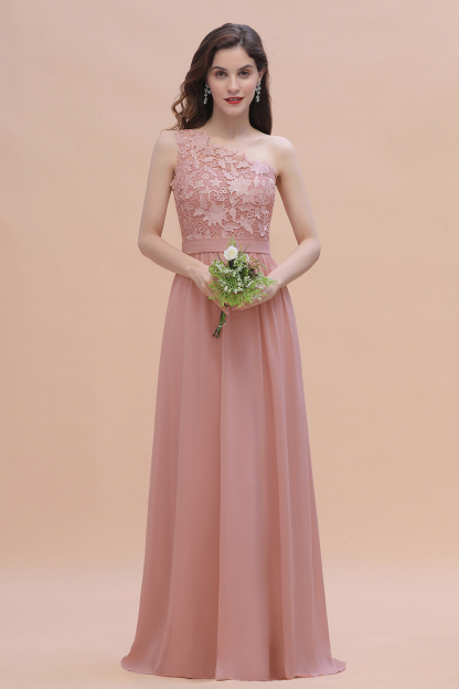 One Shoulder Floral Lace Bridesmaid Dress Dusty Pink Chiffon Wedding Guest Dresses
