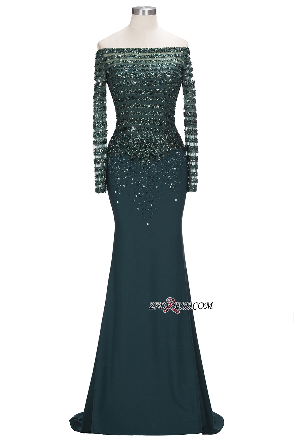 off-the-Shoulder Dark-Green Long-Sleeves Sequins Mermaid Evening Dress UK