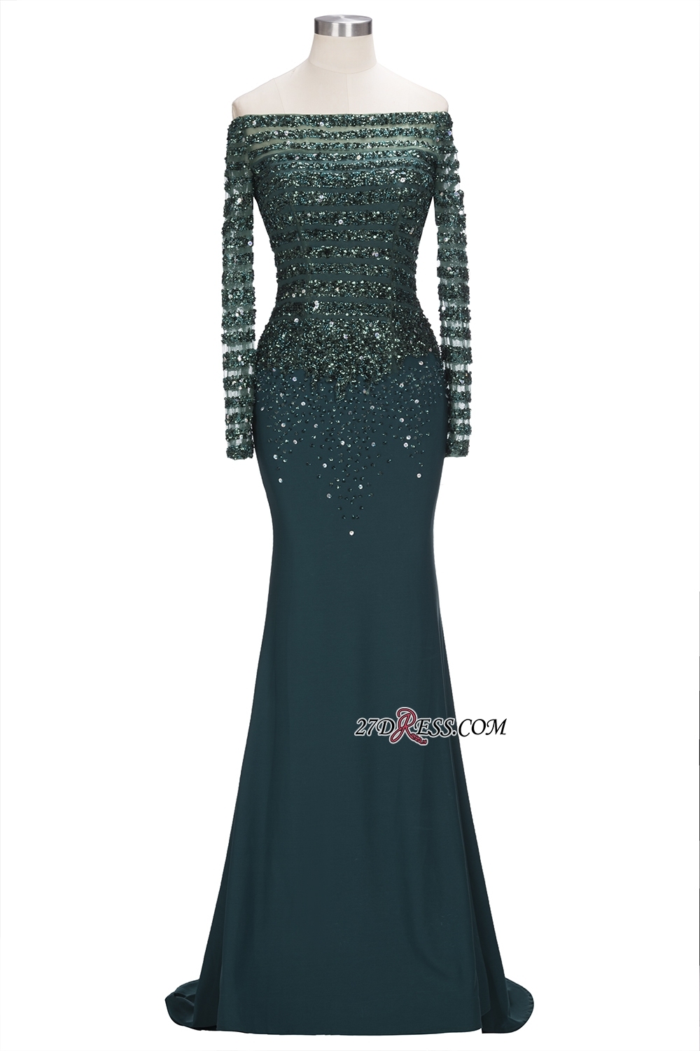 off-the-Shoulder Dark-Green Long-Sleeves Sequins Mermaid Evening Dress UK