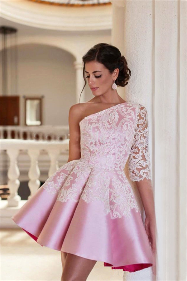 Lovely One Sleeve Lace Appliques Homecoming Dress UK Pink Short Prom Dress UK
