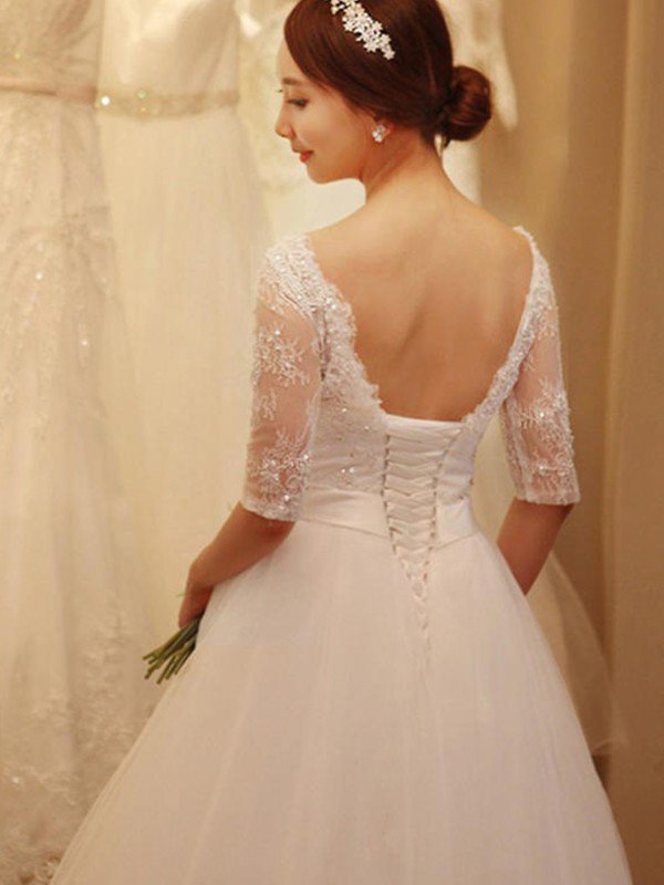 Tulle Ball Gown Beads Off-the-Shoulder 1/2 Sleeves Wedding Dresses UK