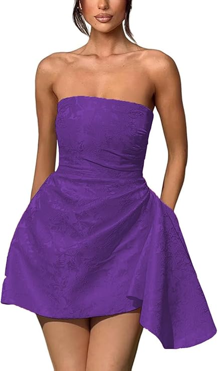 Strapless Ruched Satin Short Party Dress Sleeveless Knee Length Jacquard Homecoming Dress with Pocket