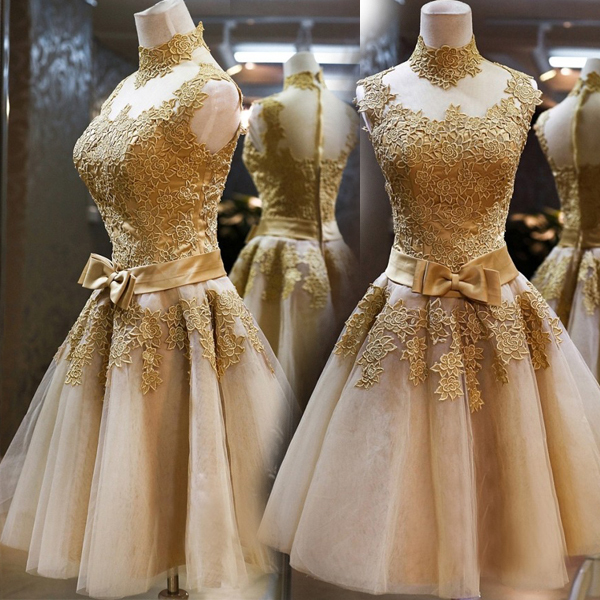 Luxury High Neck Sleeveless Golden Appliques Tulle Short Prom Dress UK