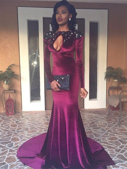 Gorgeous Long Sleeve Keyhole Evening Dress UK High-Neck Mermaid With Beads BK0