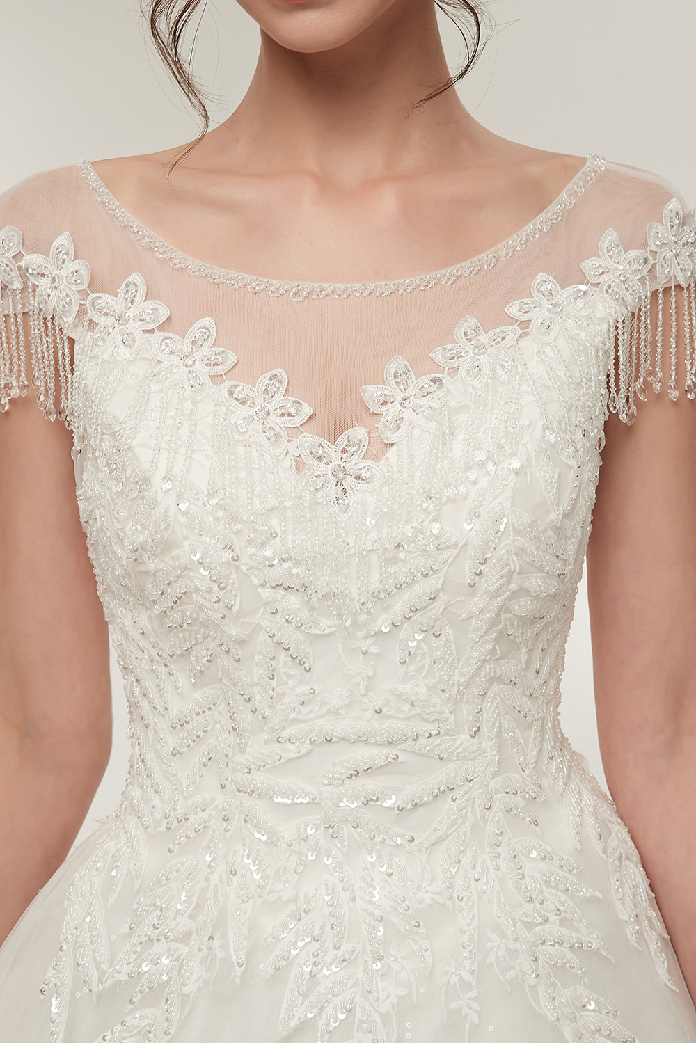 Cap Sleeves Scoop Tulle Lace Wedding Dress Aline Floor Length Crystals Bridal Dress
