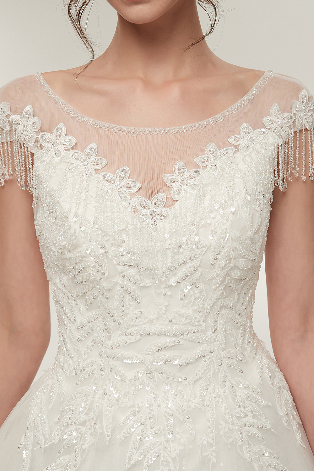 Cap Sleeves Scoop Tulle Lace Wedding Dress Aline Floor Length Crystals Bridal Dress