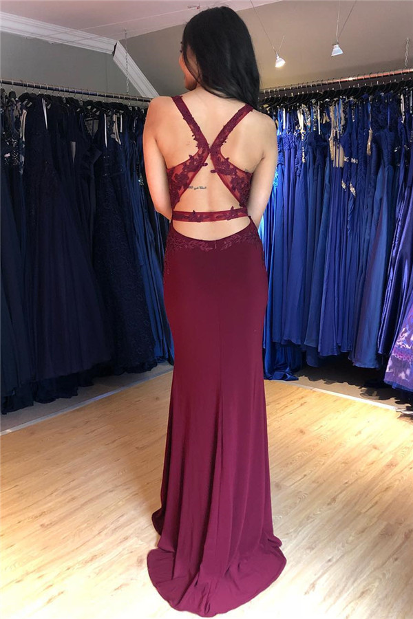Burgundy Lace Appliques Sleeveless Open Back Prom Dress UKes UK Mermaid Side Slit Evening Dress UKes UK with Beads Dress UKes UK