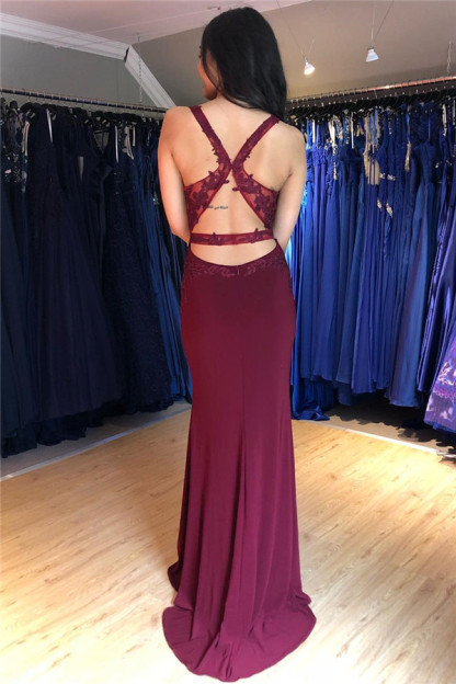Burgundy Lace Appliques Sleeveless Open Back Prom Dress UKes UK Mermaid Side Slit Evening Dress UKes UK with Beads Dress UKes UK