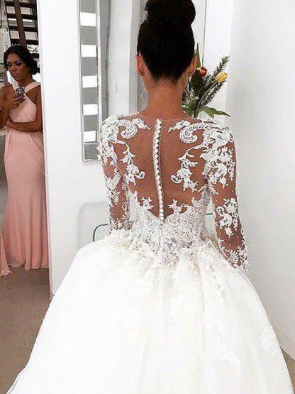 Scoop Neckline Lace Ball Gown Court Train Long Sleeves Wedding Dresses UK