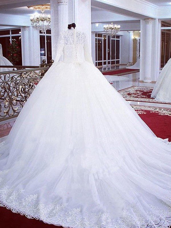 Lace Ball Gown Tulle High Neck Long Sleeves Wedding Dresses UK