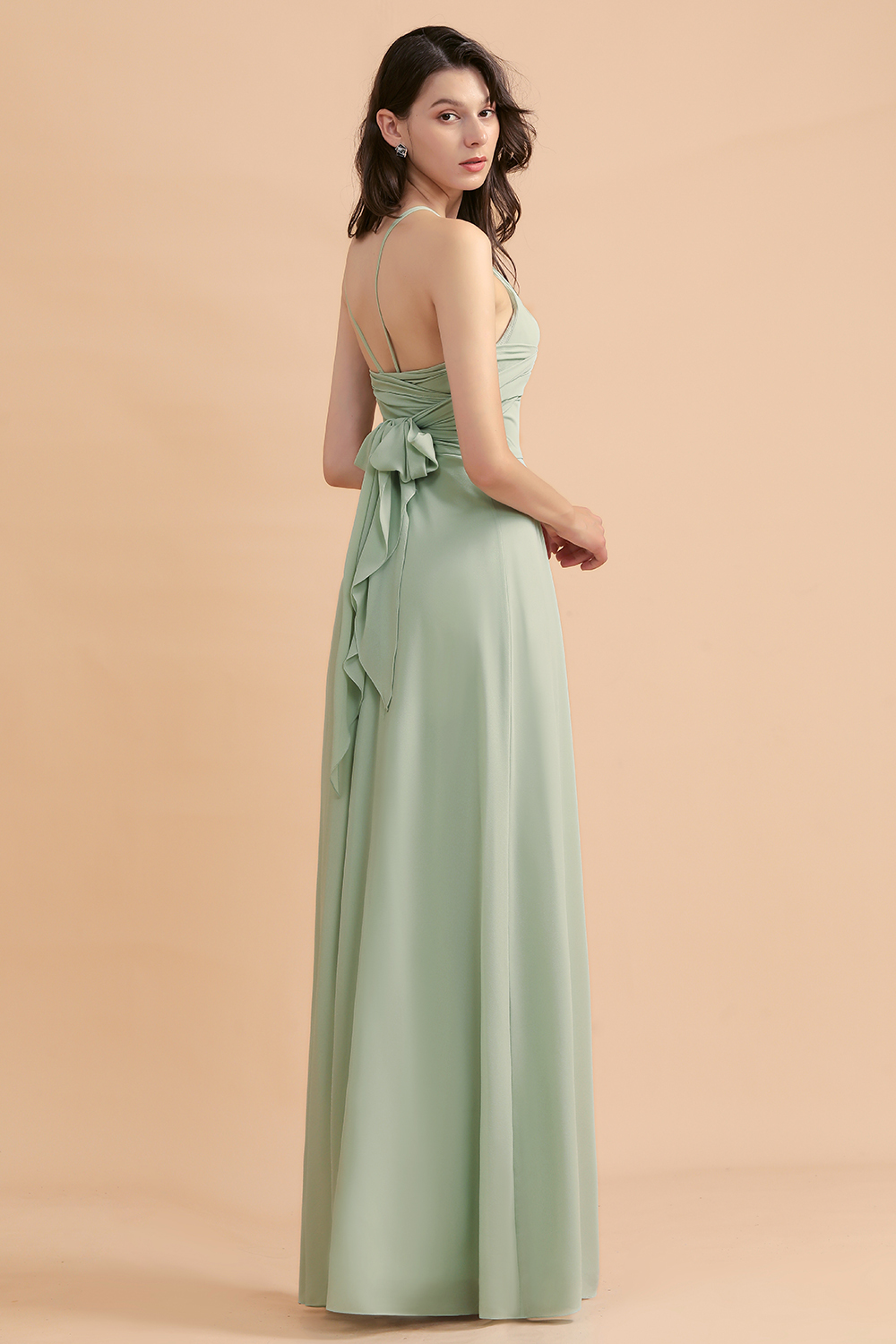 Chic Halter Chiffon Dusty Sage Bridesmaid Dress with Front Slit