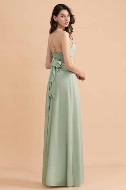Chic Halter Chiffon Dusty Sage Bridesmaid Dress with Front Slit