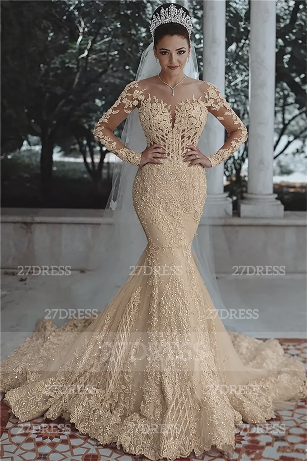 Glamorous Beaded Lace Sexy Mermaid Wedding Dresses UK with Sleeves Sheer Tulle Appliques Bride Dresses