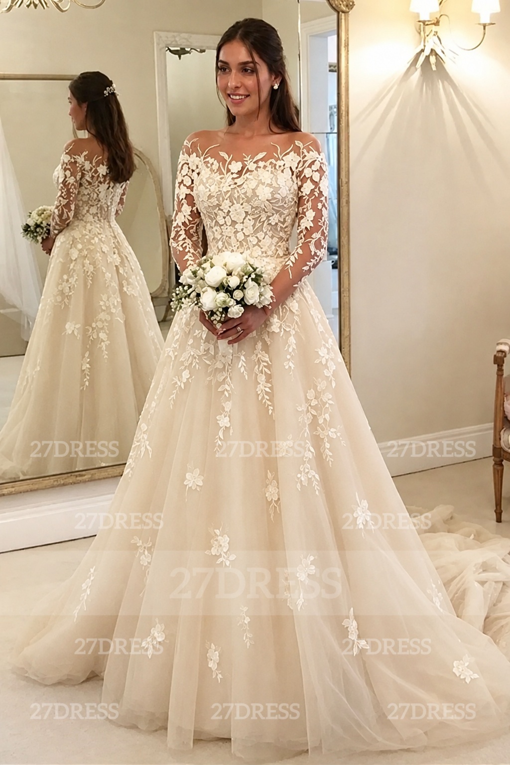 Elegant Long Sleeves Ｗedding Dress Aline Floral Lace Tulle Bridal Gown