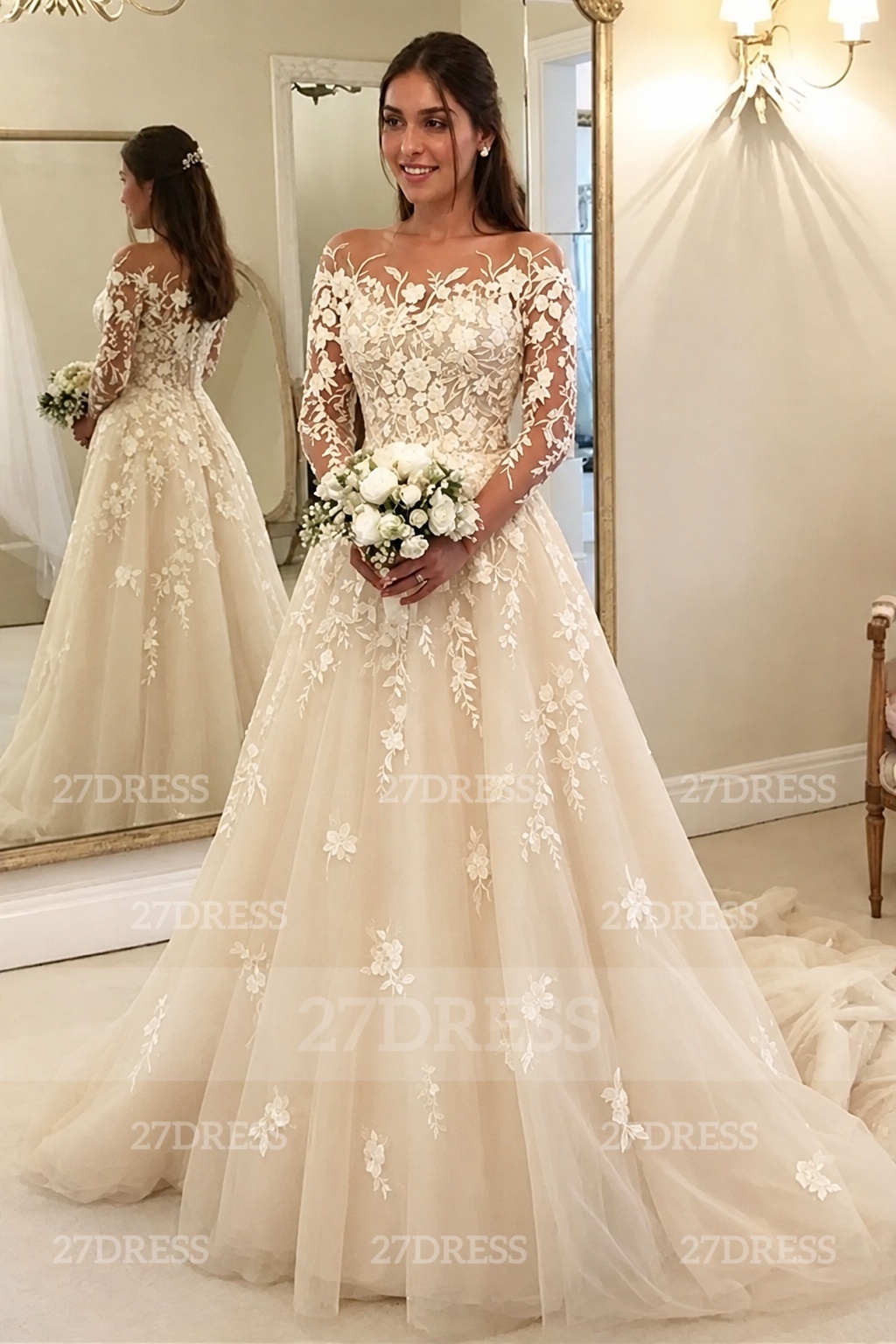 Long Sleeves Ｗedding Dress Aline Floral Lace Tulle Bridal Gown-27dress.co.uk