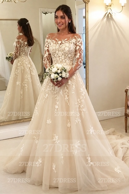 Elegant Long Sleeves Ｗedding Dress Aline Floral Lace Tulle Bridal Gown