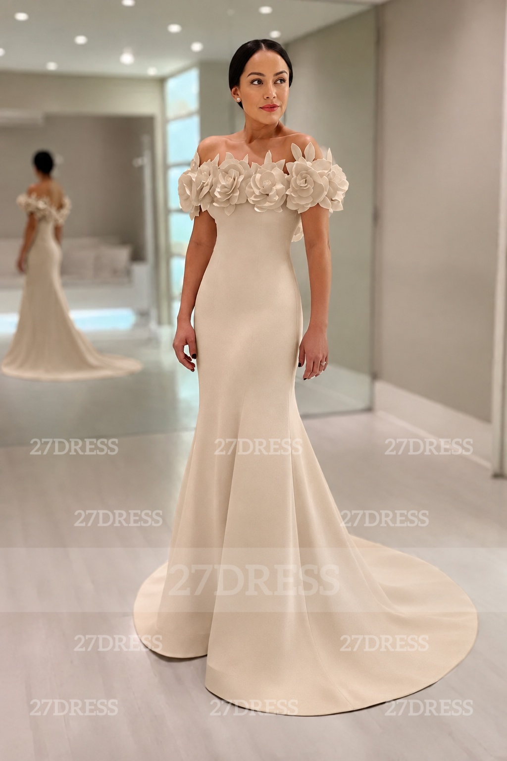 Elegant Mermaid Satin Wedding Dresses Off the Shoulder White Bridal Gowns with Flowers