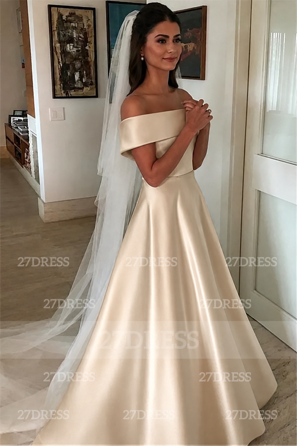 Elegant Off-the-Shoulder A-line Wedding Dresses UK Bowknot Ribbons Sleeveless Bridal Gowns