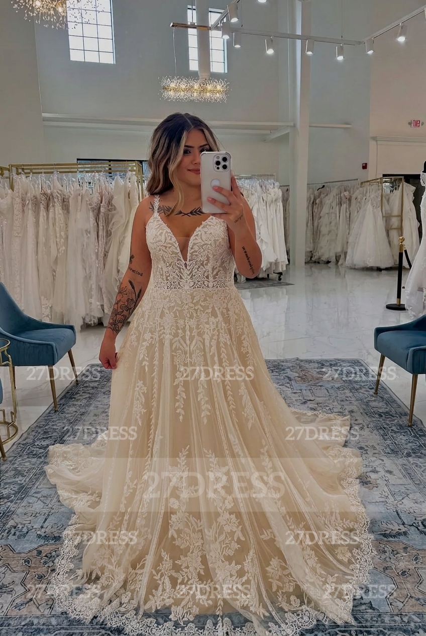 Spaghetti Straps Open Back Appliques Lace A-Line Wedding Dresses
