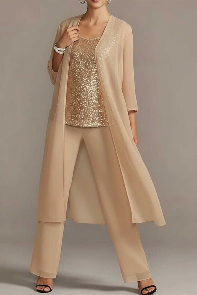 Jumpsuit 3 Piece Chiffon Sequins Mother of the Bride Dress with Scoop Neck 3/4 Sleeves