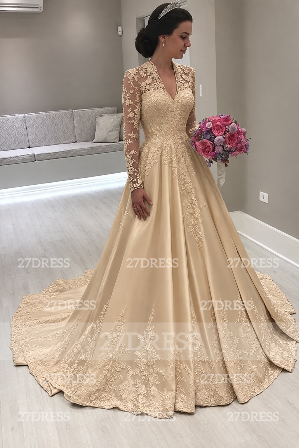 Princess Long Sleeve V-Neck Wedding Dress | Lace Bridal Gowns On Sale
