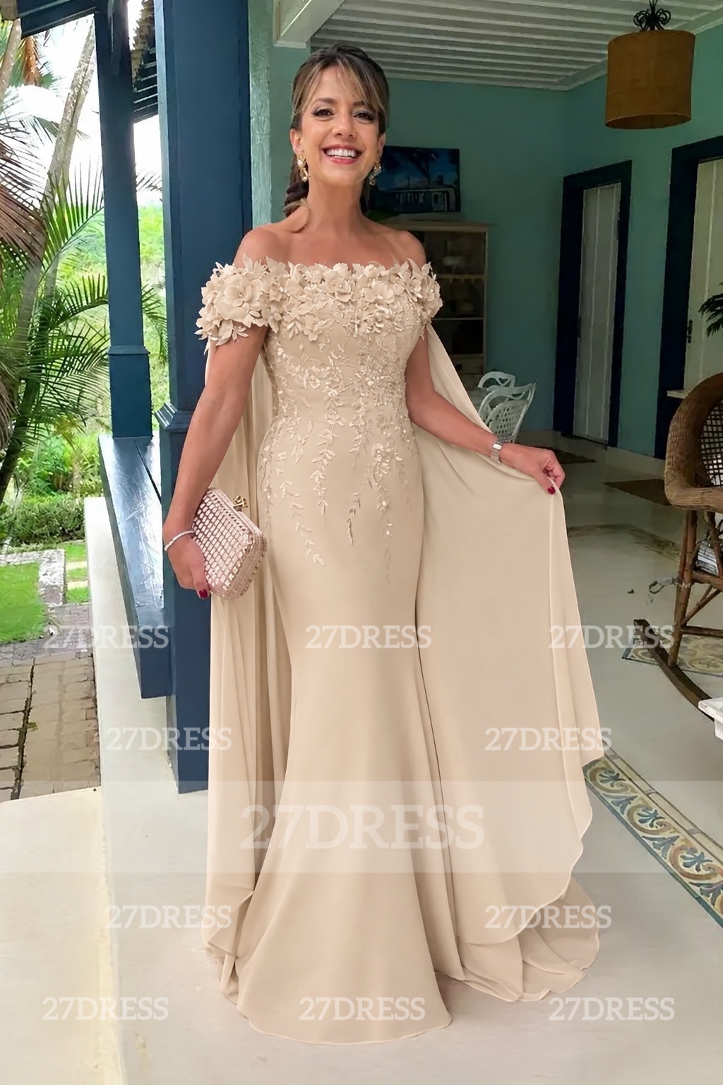 Off-the-Shoulder Pink Flowers Chiffon Mother of the Bride Dress Floor Length Wedding Guest Dress