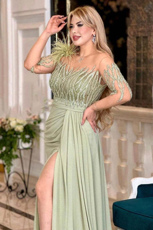 Charming Long Sleeves Sage Ruffle Satin Evening Dress Side Split with Beadings