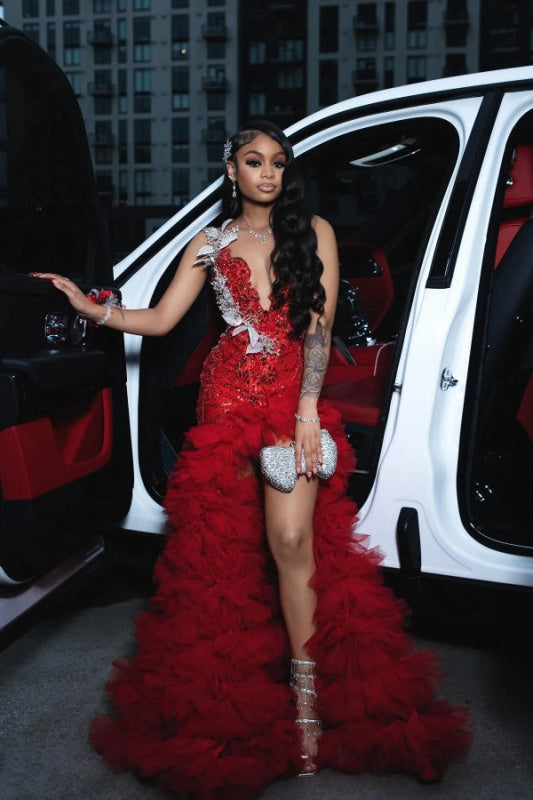 Charming Sleeveless Beadings Red Prom Dress Sequined with High Slit - Prom Dresses