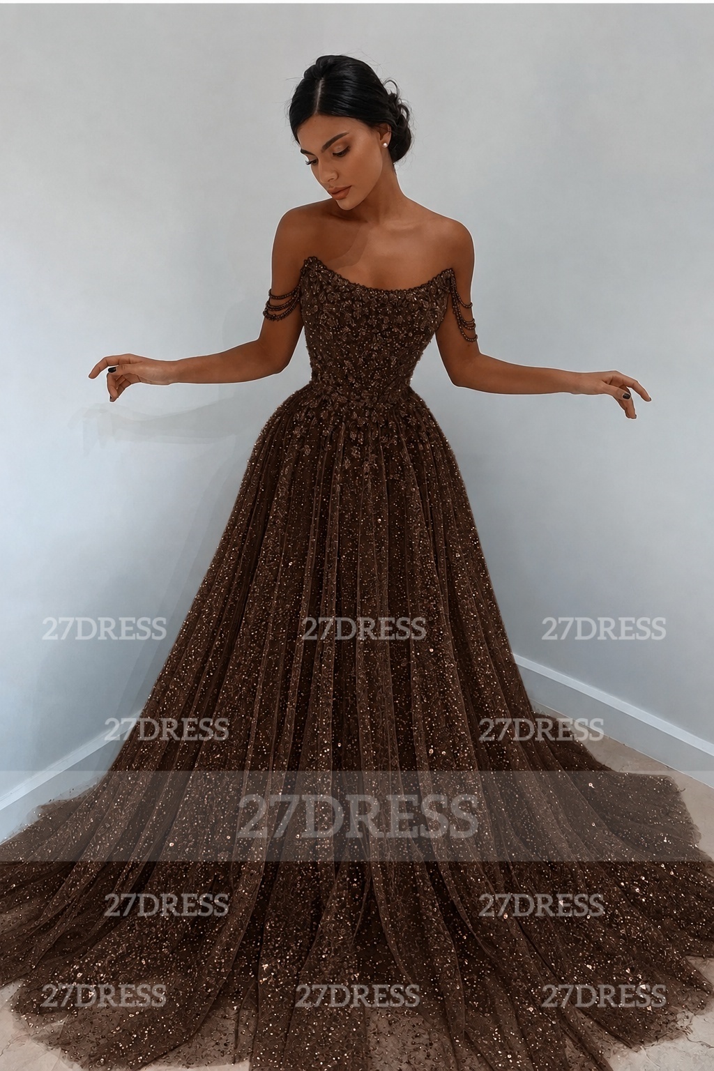 Glitter Off-the-Shoulder Beaded Evening Sequins A-Line Prom Dresses