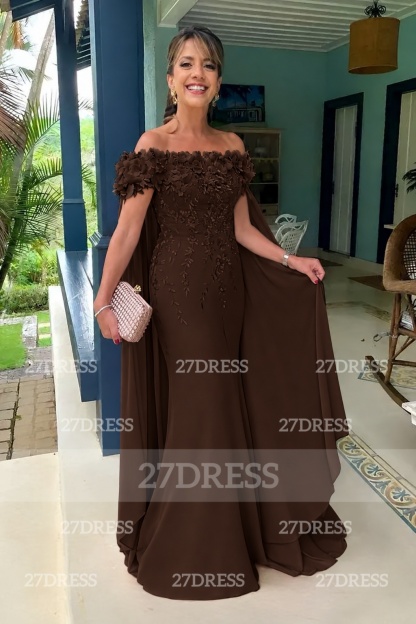 Off-the-Shoulder Pink Flowers Chiffon Mother of the Bride Dress Floor Length Wedding Guest Dress