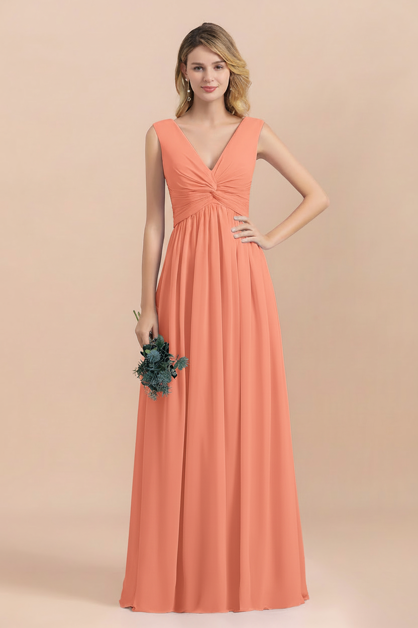 Chic Lilac A-line Chiffon Bridesmaid Dress Sleeveless V-Neck Long Wedding Guest Dress