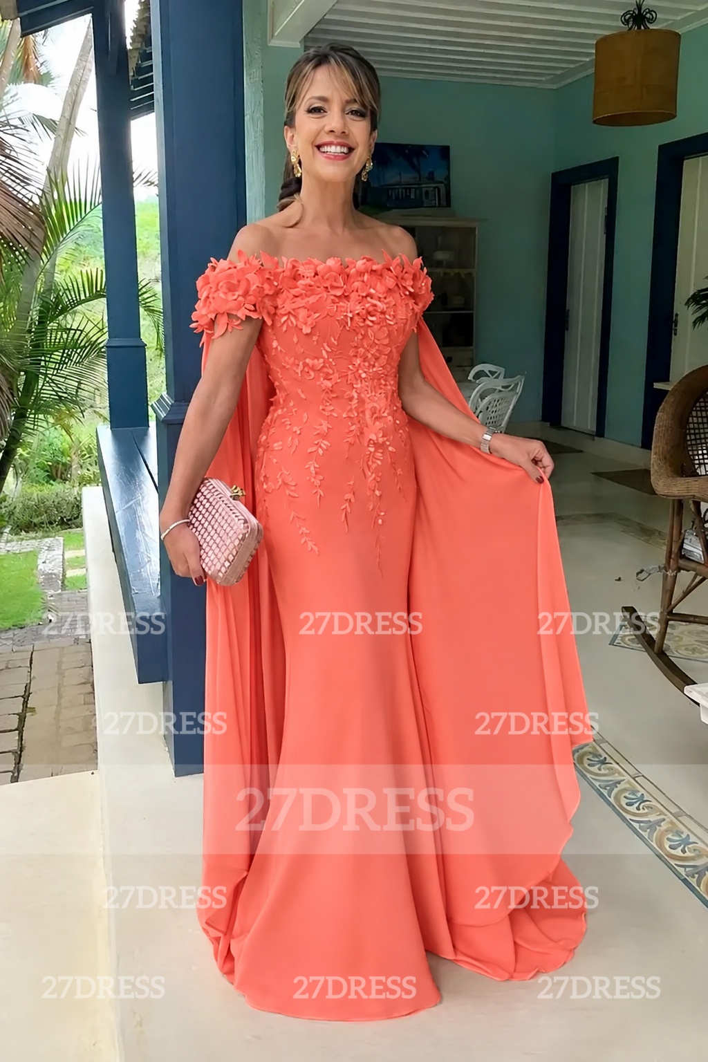 Off-the-Shoulder Pink Flowers Chiffon Mother of the Bride Dress Floor Length Wedding Guest Dress