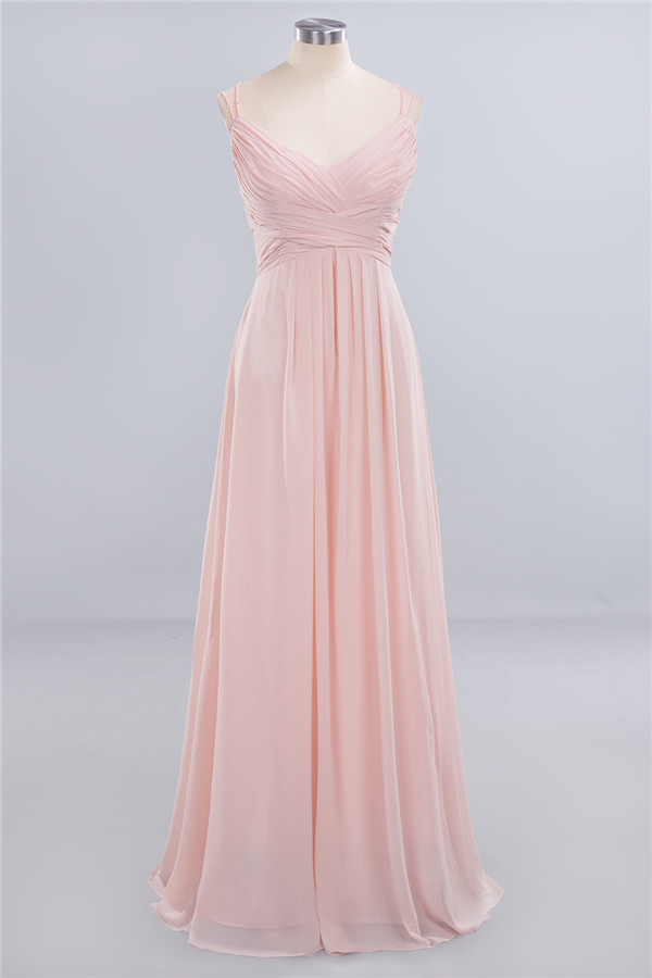 Spaghetti Straps Champagne V-Neck Chiffon Bridesmaid Dress Sleeveless Wedding Guest Dress