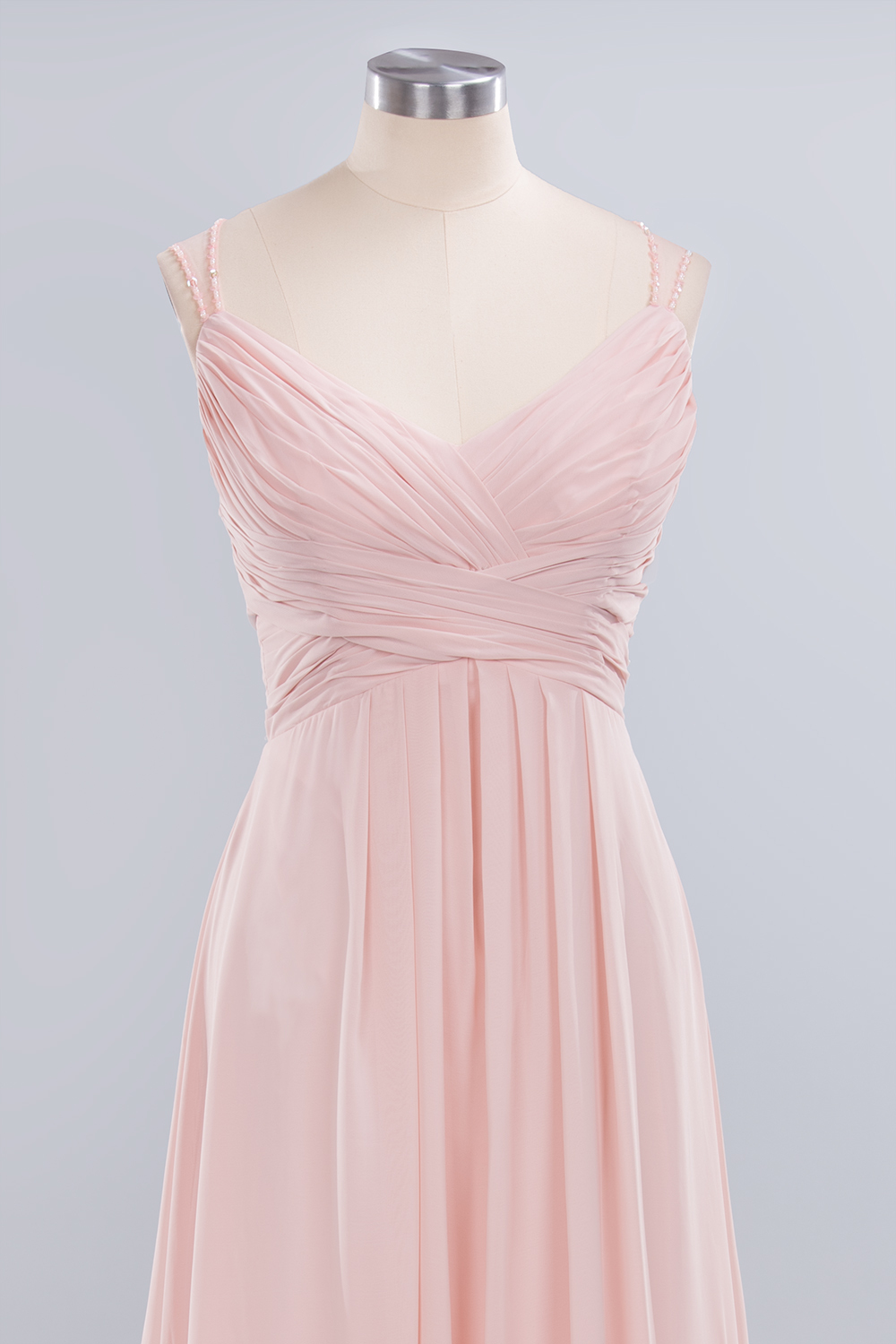 Spaghetti Straps Champagne V-Neck Chiffon Bridesmaid Dress Sleeveless Wedding Guest Dress