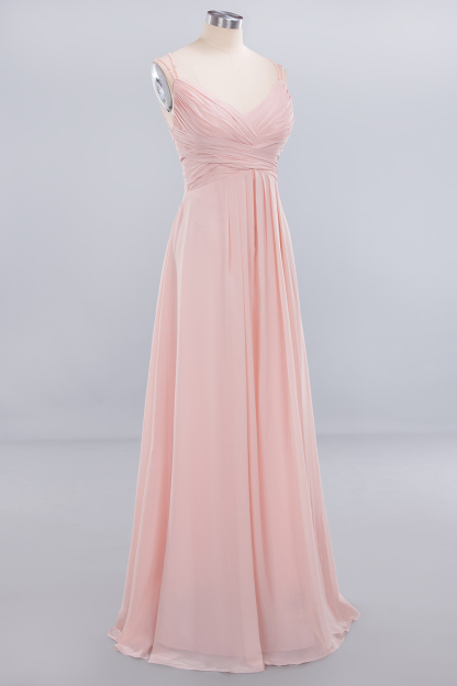 Spaghetti Straps Champagne V-Neck Chiffon Bridesmaid Dress Sleeveless Wedding Guest Dress