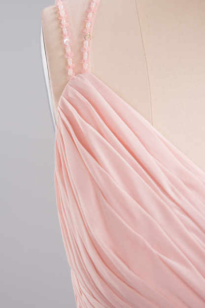 Spaghetti Straps Champagne V-Neck Chiffon Bridesmaid Dress Sleeveless Wedding Guest Dress