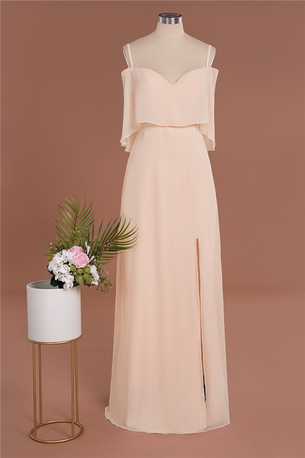 Elegant Champagne Off the Shoulder Chiffon Bridesmaid Dress Side Slit Wedding Guest Dress