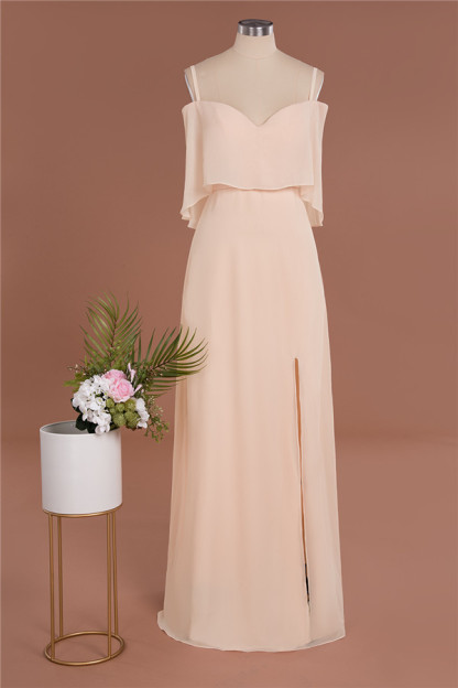 Elegant Champagne Off the Shoulder Chiffon Bridesmaid Dress Side Slit Wedding Guest Dress