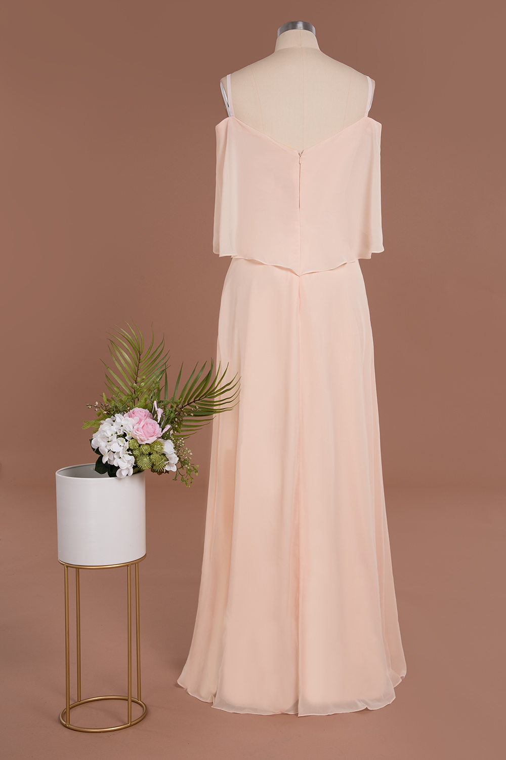 Elegant Champagne Off the Shoulder Chiffon Bridesmaid Dress Side Slit Wedding Guest Dress